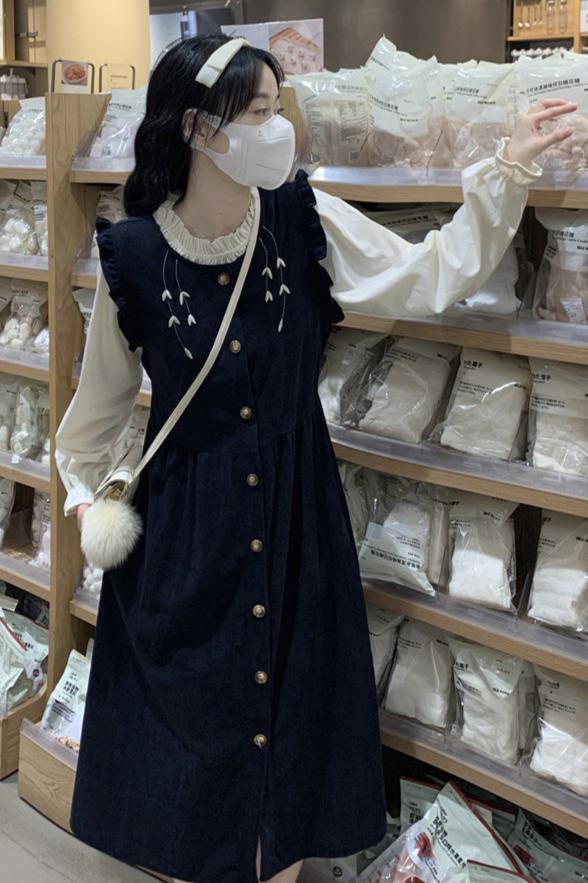 Cottagecore Embroidered Corduroy Tank Dress Blouse 2 Pcs